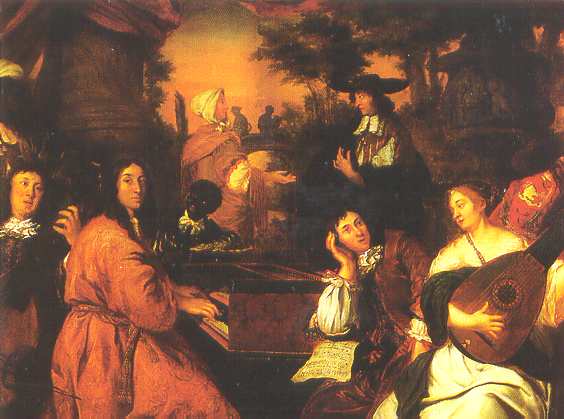 J. Voorhout - Haeusliche Musikszene (1674) - Domestic Music Scene. A unique portrait of Dieterich Buxtehude. JPEG 30KB